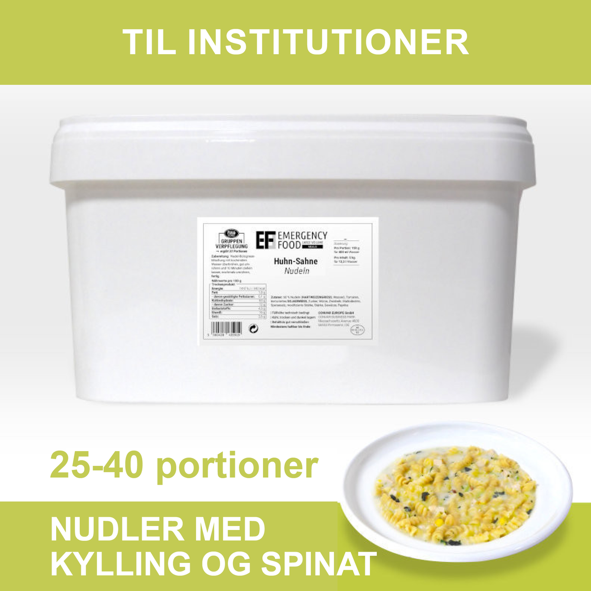 Frysetørret mad | Nudler med kylling og spinat | 25-40 portioner | Convar Emergency Food | 3750 g