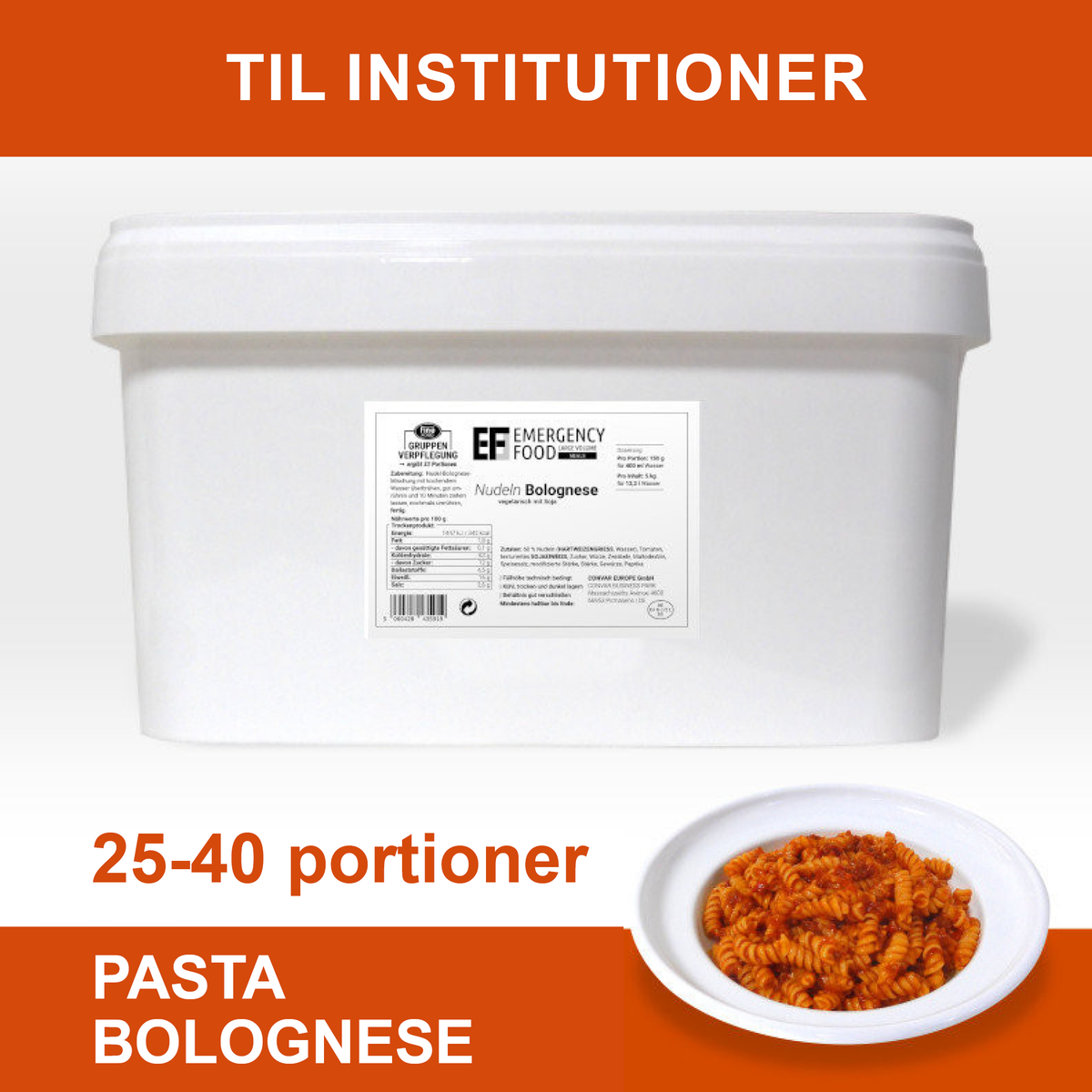 Frysetørret mad | Pasta Bolognese | 25-40 portioner | Convar Emergency Food | 3750 g