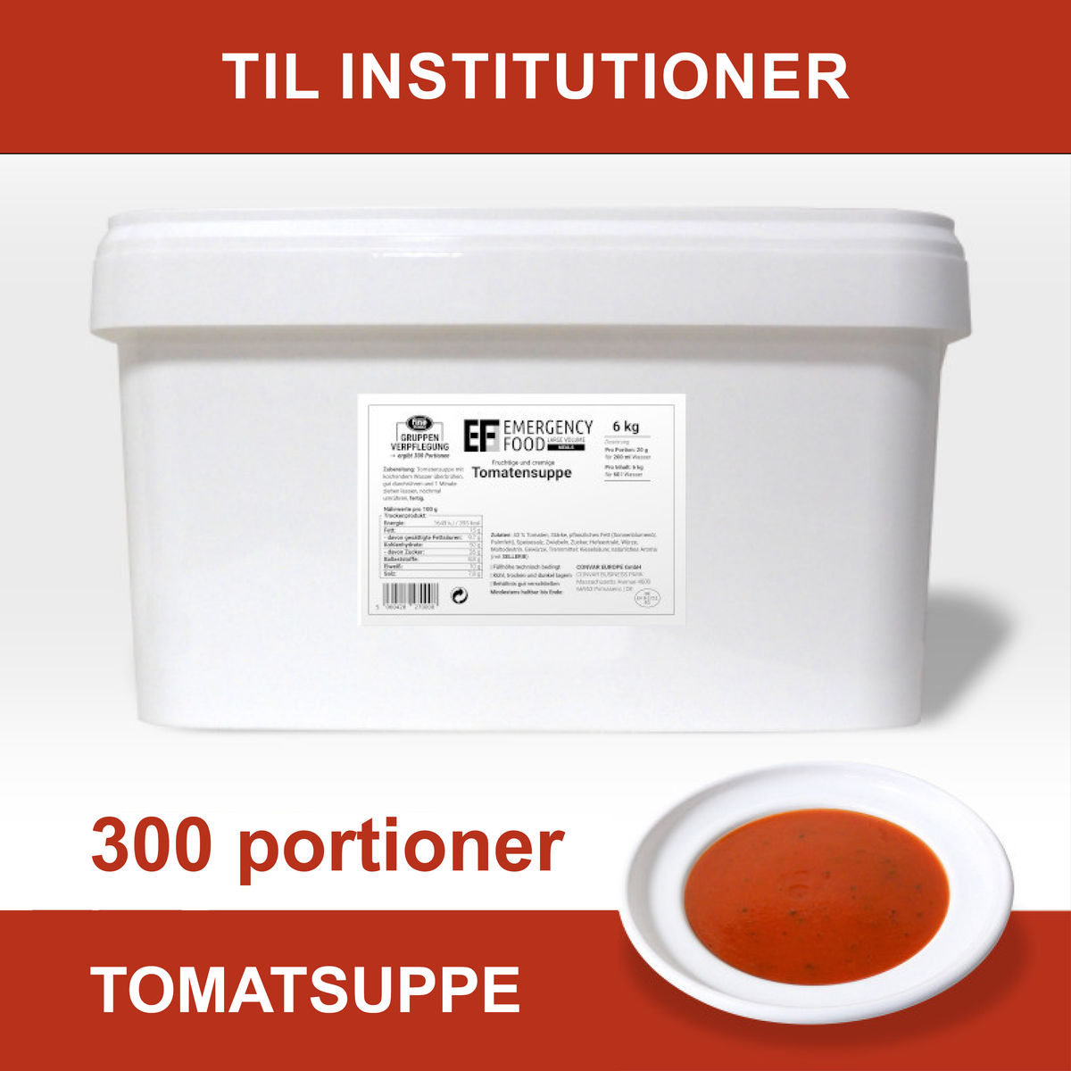 Frysetørret mad | Tomatsuppe | 300 portioner | Convar Emergency Food | 6000 g